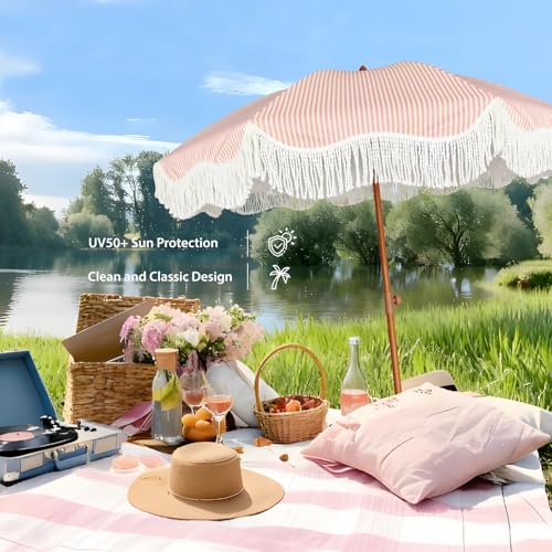 AMMSUN Boho Fringe Umbrella Outdoor Patio, 6.5ft UPF50+ Picnic Umbrella with Tassels with Steel Pole and Push Button Tilt, Pink Stripe - color: Pink Stripe