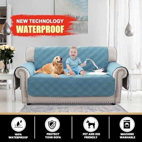 PrinceDeco 100% Waterproof Loveseat Covers for 2 Cushion Couch Sofa Covers Waterproof and Washable Sofa Slipcover with Side Pocket Furniture Protector with Elastic Straps(Loveseat 48", Smoke Blue) - color: Smoke Blue, size: Loveseat