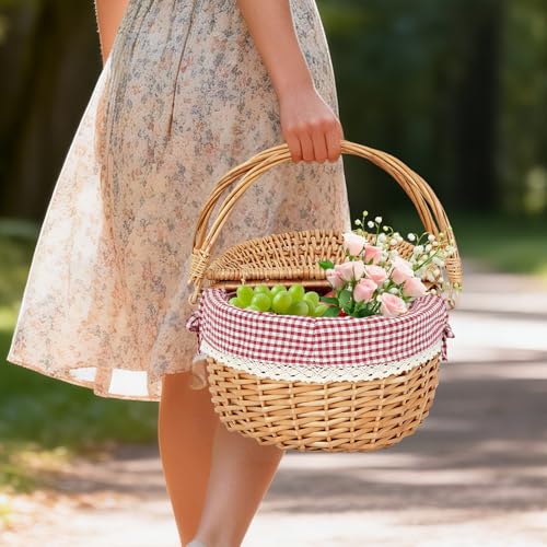 HappyPicnic Wicker Picnic Basket with Lid and Handle - Hand-Woven Basket with Removable Liner for Picnic, Camping, Easter, Halloween, Thanks Giving or Birthday (Red Check, Large) - color: Red Check, size: Large