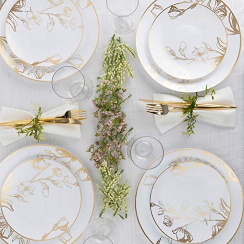 PLASTICPRO 128 Piece Combo Plates Set includes 64 7'' inch Plates & 64 10'' inch Plates White Plastic Floral Design Party Plates With Gold Rim, Premium Elegant, Tableware, Dishes, - size: 128 Plates (64 sets)
