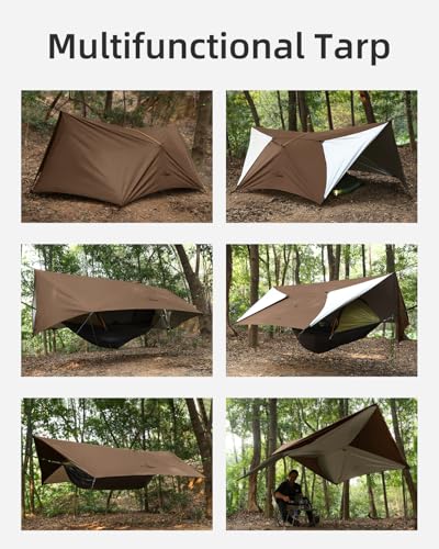 Ultralight Tarp, 14ft Hammock Rain Fly Lightweight Waterproof Camping Tent Tarp with Doors, Bushcraft Tarp Shelter for Backpacking Hiking Camping - color: Coyote Brown