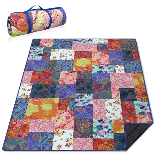 Supfitness Extra Large Picnic Blankets Waterproof Foldable (60"x 80") Beach Blanket Waterproof Sandproof,3-Layer Thicking Mat Outdoor Packable Camping Blanket - color: Flower-4, size: 5' x 6'8" (Rectangular)