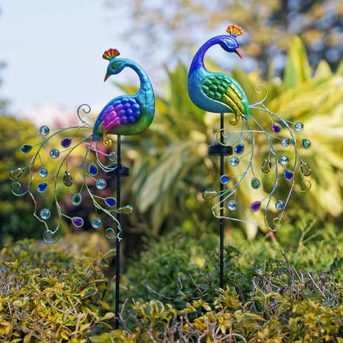 DREAMSOUL 2 Pack Peacock Solar Lights Outdoor, Waterproof Metal Peacock Outdoor Solar Lights for Yards Pathway Lawn Decoration Peacock Gifts - color: Colorful-2pack