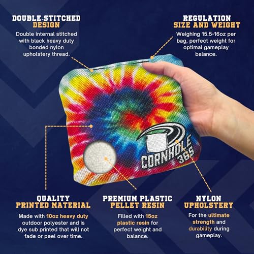Cornhole365 Themed Cornhole Bag - All-Weather, Heavy-Duty & Durable Polyester Fabric, Resin Filling, Double-Stitched Duck Cloth - Professional Cornhole Bean Bags for Indoor & Outdoor Use - Set of 8 - color: Tye Dye
