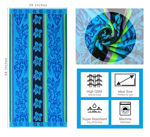 COTTON CRAFT Oversized Beach Towel - 2 Pack XL 39 x 68 inches Big & Huge Beach Blanket Towel - 100% Cotton Jacquard Velour - Super Soft Luxury - Pool Picnic Bath - Tropical Hibiscus Aqua Blue Purple - color: Hibiscus - Aqua Blue Purple, size: 2 Pack - 39x
