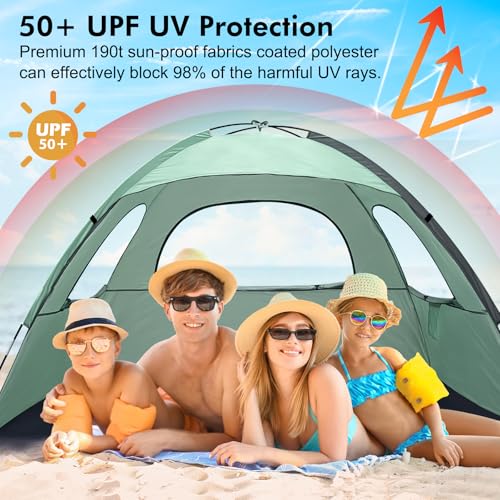 WhiteFang Beach Tent Anti-UV Portable Sun Shade Shelter for 3/4/6/8 Person, Extendable Floor with 3 Ventilating Mesh Windows Plus Carrying Bag, Stakes and Guy Lines - color: Mint Green, size: 4 Person