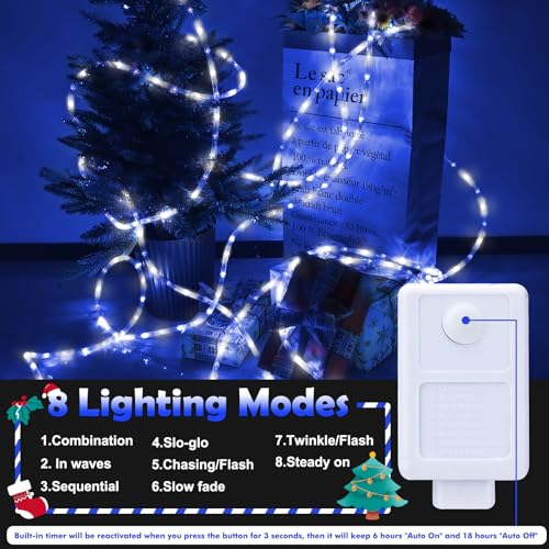 50ft LED Rope Lights Outdoor, 360 LED Connectable and Flexible Tube Lights with 8 Modes, Waterproof LED Rope Lighting for Garden Patio Bedroom Party Pool Indoor Outdoor Christmas Decor (White & Blue) - color: White & Blue, size: 50ft