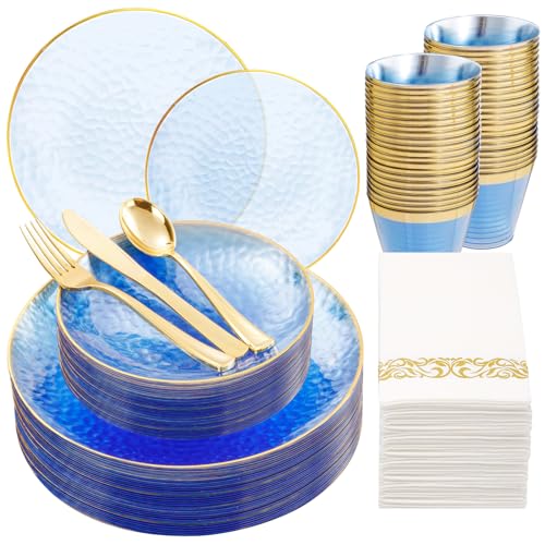DaYammi 175PCS Clear Blue Gold Plastic Dinnerware Set for 25 Guests, Hammered Disposable Plates for Party, Include: 25 Dinner Plates, 25 Dessert Plates, 75 Gold Silverware, 25 Napkins, 25 Cups - color: Clear Blue, size: 175 Pcs