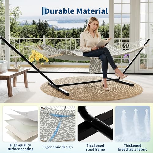 2 Person Double Hammock with Adjustable Steel Stand & Pillow, Heavy Duty Portable Outdoor Hammock Set, MAX 450 LBS Weight Capacity for Patio, Garden, Beach, Backyard - color: V-light Gray Textured