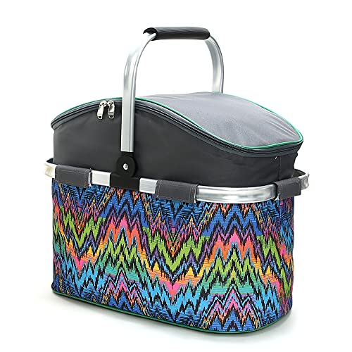 Insulated Picnic Basket 26L Portable Collapsible Market Leakproof Tote with Aluminum Handle for Camping, Shopping, Travel, Large Size (Wave) - color: Wave