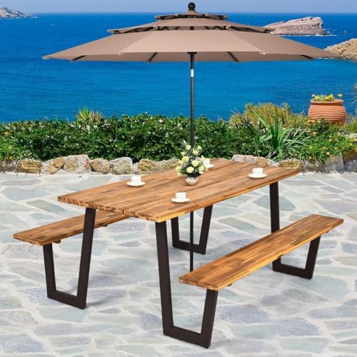 HAPPYGRILL Outdoor Picnic Table Bench Set with Wood Top & Steel Frame, Patio Dining Picnic Table Set with Umbrella Hole for Garden Backyard