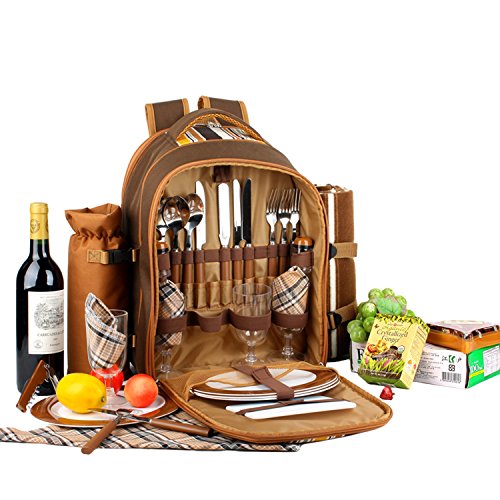 Apollo Walker Picnic Backpack Bag for 4 Person with Cooler Compartment,Wine Bag, Picnic Blanket(45"x53"),Best for Family and Lovers Gifts (Brown) - color: Brown, size: 4 Person