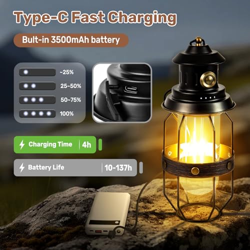 Metal LED Retro Camping Lantern, 2-in-1 Hanging/Standing, Dimmable, 3500mAh Rechargeable, Water Resistant, Brown - style: Retro Black