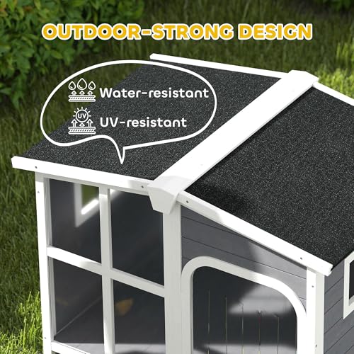 PawHut Outside Cabin-Style Wooden Dog House for Large Dogs with Openable Roof & Giant Window, Outdoor & Indoor Big Dog Shelter, Asphalt Roof, Gray - color: Gray