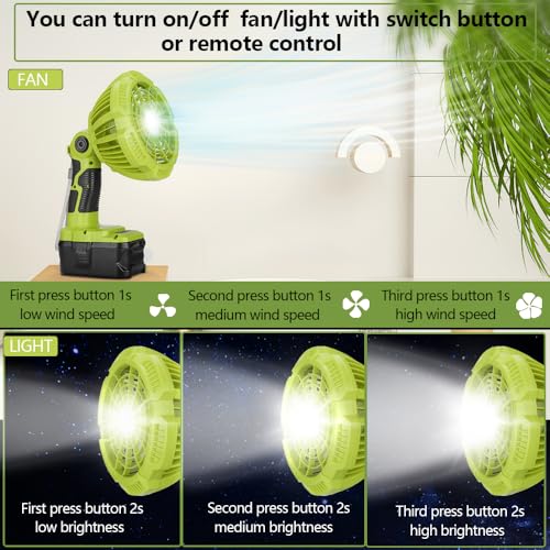 18V Cordless Fan Compatible with Ryobi 18V Battery, Battery Operated Fan for Camping with LED Light, Remote, 3 Wind/Brightness Modes, Timer for Tent Camping - style: Style 1
