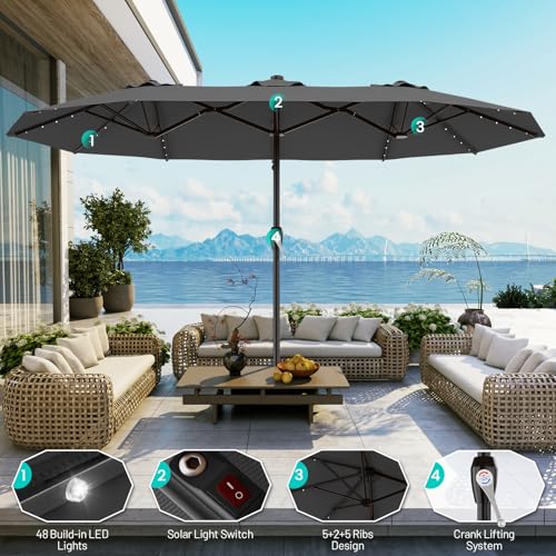 AreShark 15FT Patio Umbrella with Solar Lights, Double Sided Outdoor Table Umbrellas with Crank, Large Rectangular Market Umbrella for Porch, Lawn, Pool, Backyard, Gray - color: Gray, size: 9x15 Ft