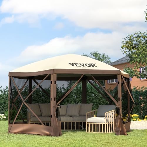 VEVOR 12 * 12ft 6 Sided Pop-up Canopy Shelter Tent with Mesh Windows, Portable Carry Bag, Stakes, Large Shade Tents for Outdoor Camping, Lawn and Backyard, Brown/Beige - color: Brown, size: 12x12 ft