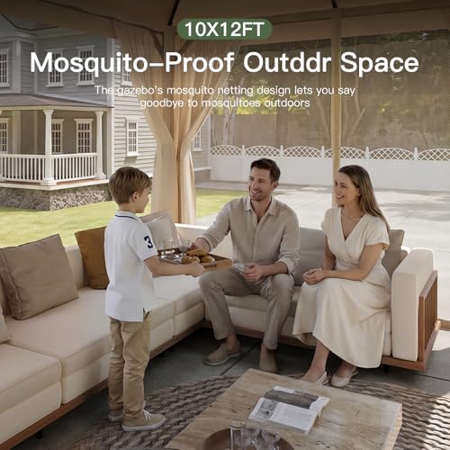 Aoxun Outdoor Gazebo for Patio 10x12 Metal Frame Canopy with Double Roofs Heavy Duty Party Tent and Shelter with Mosquito Netting and Privacy Screen for Backyard, Lawn, Garden, Deck (Khaki) - color: Khaki, size: 10 X 12