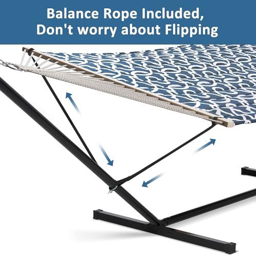 SUNCREAT Two Person Hammock with Stand, 475 lbs Capacity, Portable Patio Hammock with Hardwood Spreader Bar, Large Soft Pillow, Blue Pattern - color: Navy&white, size: 12 ft Stand