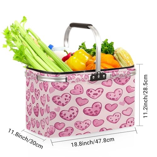 Pink Love Heart Picnic Basket Leopard Large Collapsible Market Baskets Portable Reuasble Shopping Bags with Handles for Camping Beach Travel - color: Ivory