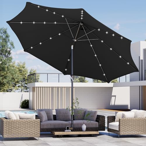 Kingdura 9FT Outdoor Patio Umbrella with Solar Lights, Market Table Umbrella with Push Button Tilt & Crank, 8 Sturdy Ribs, 32 LED Lights, UV Protection for Garden Lawn Deck Backyard Pool (Black) - color: Black-LED, size: 9 Ft