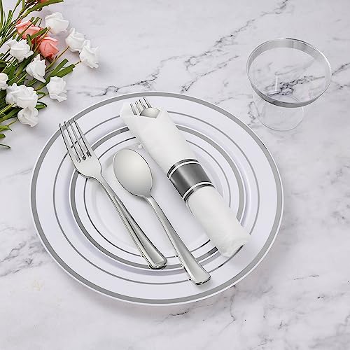 Goodluck 350 Piece Silver Plastic Dinnerware Set for 50 Guests, Fancy Disposable Plates for Party, Include: 50 Dinner Plates, 50 Dessert Plates, 50 Pre Rolled Napkins with Silver Silverware, 50 Cups - color: Silver, style: 350 Piece (50 guests)