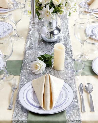 GATHER 700PCS Silver Plastic Plates - Silver Disposable Dinnerware Sets 100 Guest Include 200 Plates, 300 Silverware, 100 Napkins, 100 Cups For Wedding & Party - color: Silver, size: 100 Guests
