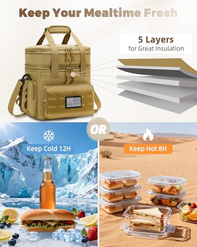 holuxer Tactical Lunch Bag & Lunch Box for Men - Large Double Deck Expandable Insulated Soft Adult Lunchbox for Work - Cooler Bag for Beach, Picnic, Camping,Outdoor，Travel (Brown,16L) - color: Brown, size: Large