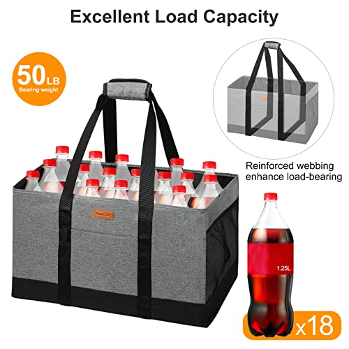 WONDAY Extra Large Foldable Grocery Tote Bag With Handles for Storage, Picnics, Beach, Pool, Laundry - Reusable Shopping Bag (Grey) | 22" XL Capacity, Foldable Design, 50 lbs Weight Cap, Waterproof, With Pockets, Wipe Clean - color: Grey