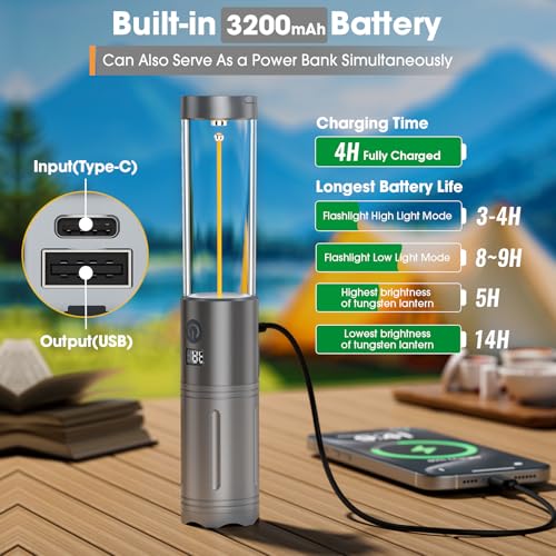 2 in 1 LED Camping Lantern, 2500mAh Rechargeable Camping Light, 6 Modes Outdoor Flashlight Lantern Portable, Waterproof Zoomable Tent Light for Emergency, Hiking, Hurricane, Power Outages