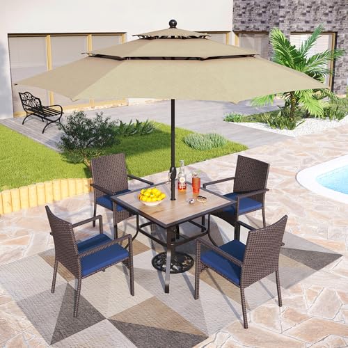 PHI VILLA 5 Piece Outdoor Dining Set with Umbrella for 4, 37" Square Metal Wood-top Dining Table & Wicker Rattan Chairs with Cushions & 10ft Beige Umbrella for Patio, Deck, Backyard, Porch - color: Beige, size: 5PCS 37" Wood-top Table