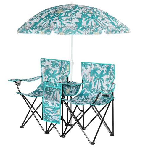 Double Folding Camping Chair W/Umbrella Fold Up Table Beverage Holder Carrying Bag Cooler for Patio Pool Park Outdoor Beach, Picnic, Portable (Pineapple) - color: Pineapple