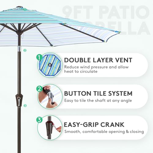 JEAREY 9FT Outdoor Patio Umbrella Outdoor Table Umbrella with Push Button Tilt and Crank, Market Umbrella 8 Sturdy Ribs UV Protection Waterproof for Garden, Deck, Backyard, Pool (Blue Green Stripe) - color: Blue Green Stripe