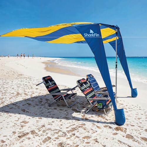 Shark FIN Shade Beach Tent Wind Sun Canopy Portable Easy Set Up UPF 50+ No Assembly Required 3-30 MPH - 1 to 8 People - Tie Downs Included - 2 Sizes Large 9' X 10' & Giant 13.5' X 10' PATENTS Pending - color: Large Blue and Yellow