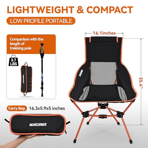 MARCHWAY Lightweight Folding High Back Camping Chair with Head Support, Stable Portable Compact for Outdoor Camp, Travel, Beach, Picnic, Festival, Hiking, Backpacking (Highback Orange) - color: Highback Orange