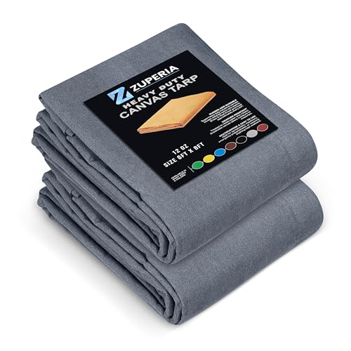 Zuperia Heavy Duty Canvas Tarp (6' x 8' ft - Pack of 2) with Rustproof Grommets, UV Resistant & Tear Resistant Multipurpose Tarpaulin Cover for Outdoor, Industrial & Commercial Use (Grey) - color: Gray, size: 6' x 8' ft - 2 Pack