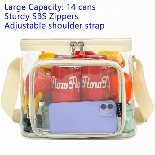 FlowFly Insulated Reusable Lunch Bag Adult Large Lunch Box for Women and Men with Adjustable Shoulder Strap,Front Zipper Pocket and Dual Large Mesh Side Pockets,Clear#Biege - color: Clear#Biege
