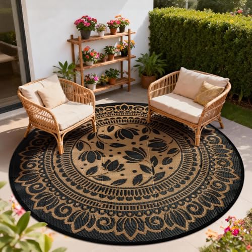 6' Round Outdoor Rug for Patio, Waterproof Fade Resistant Plastic Straw Mat, Reversible Modern Floral Design Portable Easy Cleaning Outdoor Carpet for RV Camping Deck Backyard, Black & Brown - color: Black Flower, size: 6' (Round)
