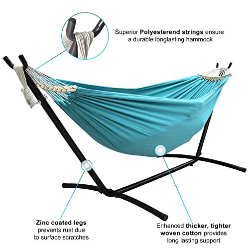 SZHLUX Double Hammock with Stand Included 450lb Capacity Steel Stand, Premium Carry Bag Included.Indoor Outdoor Brazilian-Style Cotton Bed for Backyard, Camping,Garden - color: Cyan