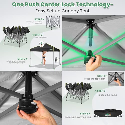 COBIZI 10x10 Pop Up Canopy One Push Party Tent with Air Vent Waterproof Commercial Outdoor Patio Gazebo for Parties Camping Shade Events Garden, 3 Adjustable Height, Carry Bag, Sandbag, Stakes, Black - color: Black, size: 10x10ft