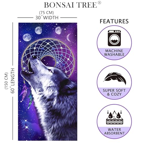 Bonsai Tree Wolf Beach Towel, Cool Dream Catcher Microfiber Bath Towel Gifts for Boys Kids, Funny Blue Purple Galaxy Space Animals Sand Free Quick Dry Travel Towels for Mens Pool Sports 30" x 60" - color: Wolf 1, size: 30"x60"