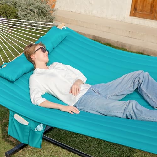 GAFETE 2 Person Hammock with Stand for Outside, Heavy Duty Steel Stand, Double 55inch Hammocks, Large Removable Pillow, Storage Bags, Max 475 lbs Capacity (Lake Aqua) - color: Lake Aqua