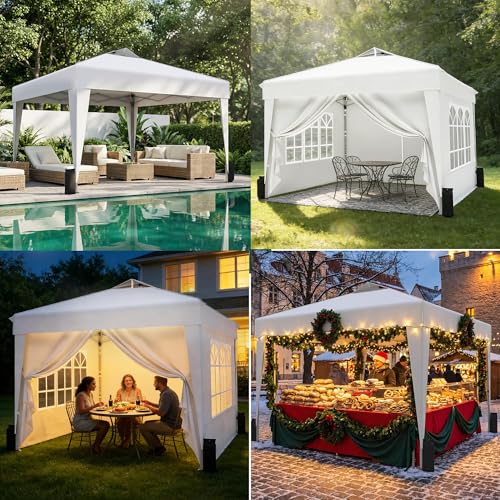 SANWAY 10x10 Pop Up Canopy Tent with Sidewalls x 4 – Easy Setup Canopy Tent, Waterproof, UV-Resistant, Portable with Carry Bag for Outdoor Events, Camping, and Backyard Parties – White - color: White (Canopy with 4 Sidewalls)