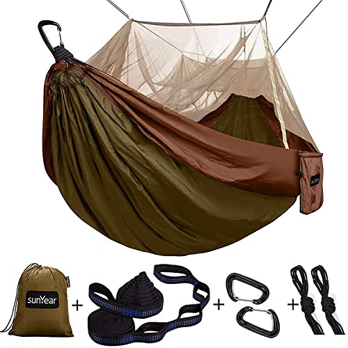 Sunyear Camping Hammock, Portable Single & Double Hammock with Net, 2 Person Hammock Tent with 2 * 10ft Straps, Best for Outdoor Hiking Survival Travel - color: Coffee/Green, size: 55"w*106"l (Single)
