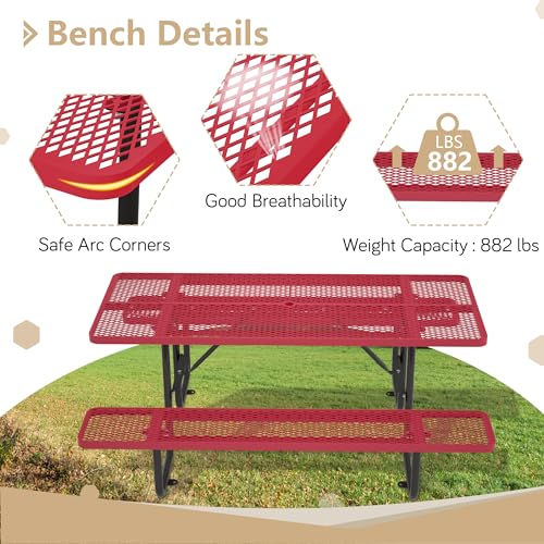 72'' Steel Rectangular Metal Picnic Table for Outdoors, Commercial Picnic Table with Umbrella Hole of Up to 1-1/2" Diameter, for Garden Courtyard BBQ, Red - color: Red