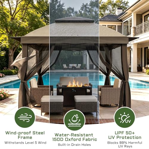 11'X11' Gazebo Pop Up with 4 Sidewalls Mosquito Netting, Heavy Duty Patio Gazebo Canopy Tent with Double Air Roofs for Backyards, Patios, Decks, Gardens, Parks - color: Beige Top