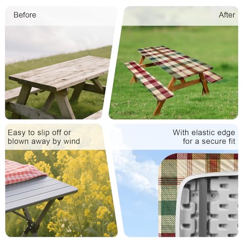 ANNA QUEEN Classic Plaid Picnic 6FT Picnic Table Cover with Bench Covers Set of 3 with Drawstring Bag, Checkered 72"x30" Waterproof Picnic Tablecloth & Bench Covers for Outdoor BBQ - color: #56