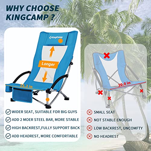 KingCamp Folding Beach Chair High Back Lightweight Portable Backpack Chair with Headrest, Cup Holder for Camping Outdoor Sand Concert Lawn Festival Sports, Blue - color: Blue-high Back