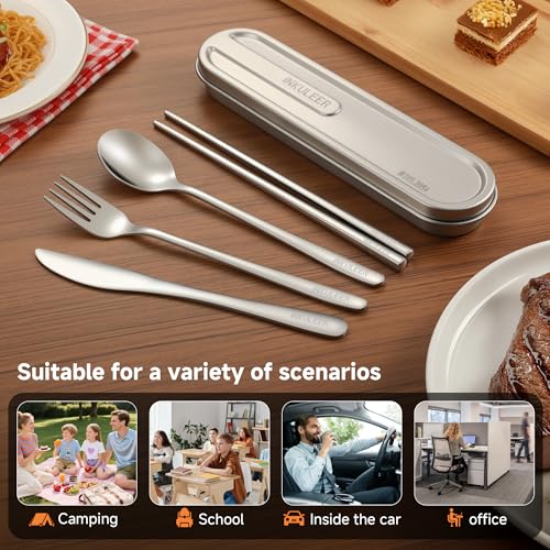 Travel cutlery set, 18/8 stainless steel cutlery, Reusable utensils set with case, Portable Silverware Lunch Box for Camping and Office-Stainless steel - color: Stainless Steel