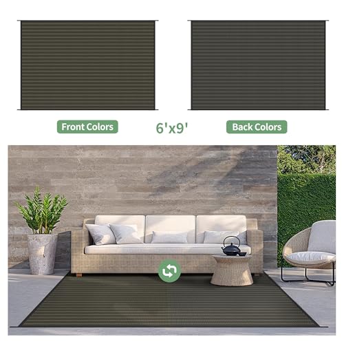 GENIMO Outdoor Rug 6x9 ft Waterproof, Reversible Plastic Straw Patio Rug for RV Camping Mat, Deck, Backyard Balcony Mat - Lightweight & Easy to Clean, Black & Brown - color: Blackbrown-w, size: 6' x 9' (Rectangular)